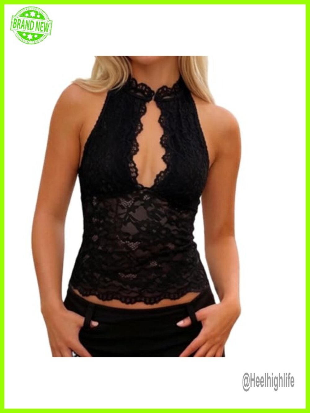 Women Floral Lace Tank Top Sheer Mesh See Through High Neck Sleeveless Cami